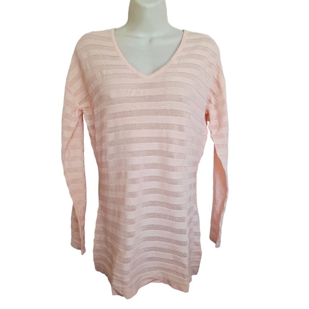 Cache Pink V-Neck textured knit stretch preppy money Size L nwt top